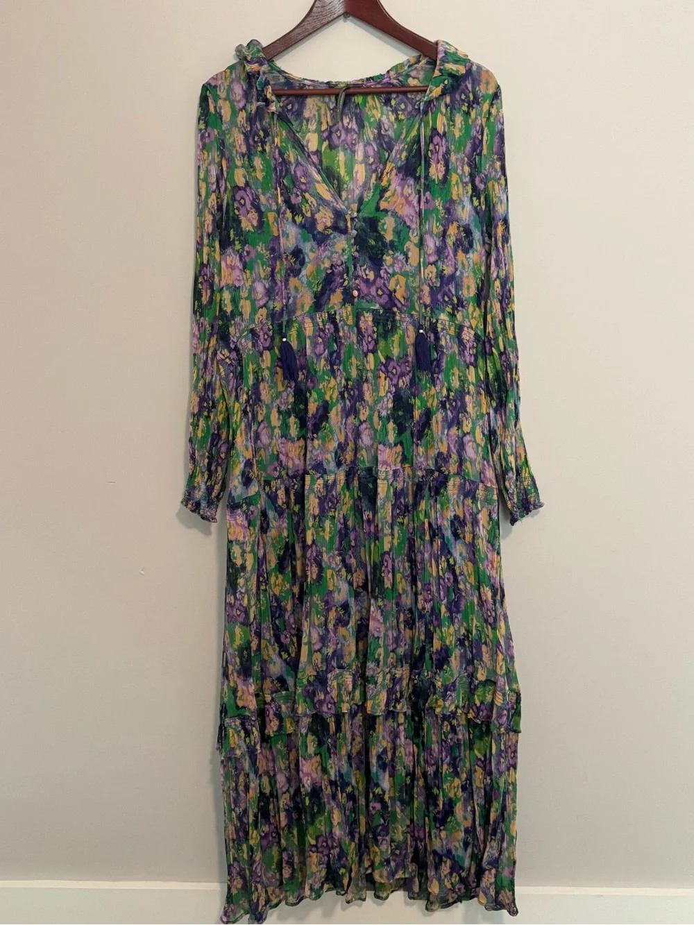 Anthropologie Marais Dress XL Chiffon Purple Green Boho Ruffle Maxi Balloon - Picture 2 of 12